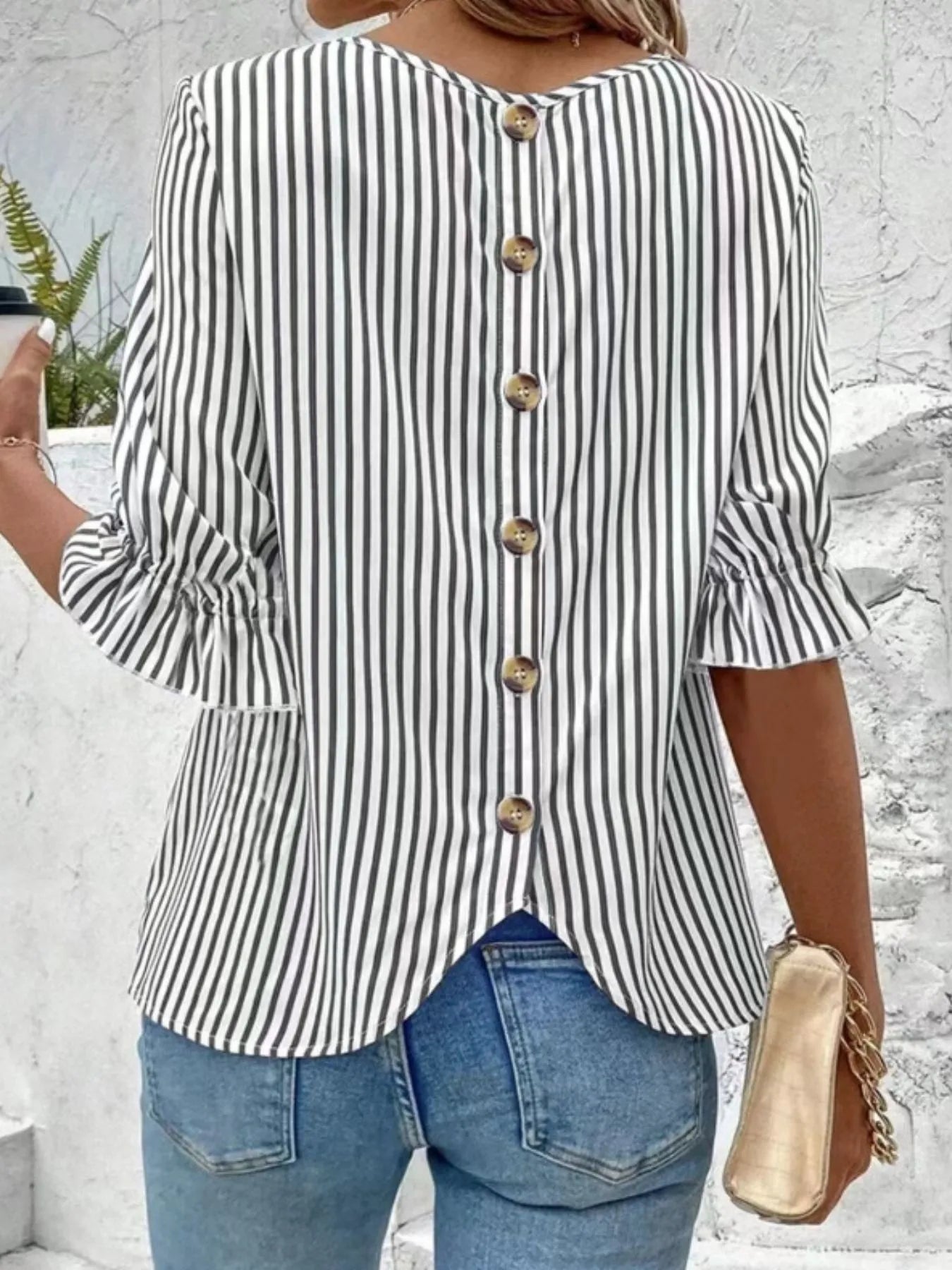 Striped Round Neck Half Sleeve Casual Blouse - kinko
