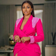 Rose Red Suit Collar Deep V Split High Waist Dress - kinko