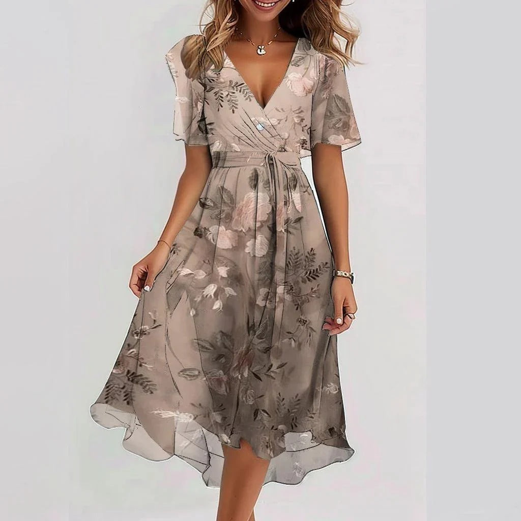 Chiffon Printed Short Sleeve Dress Summer Elegant V-neck Dresses Womens Clothing - kinko