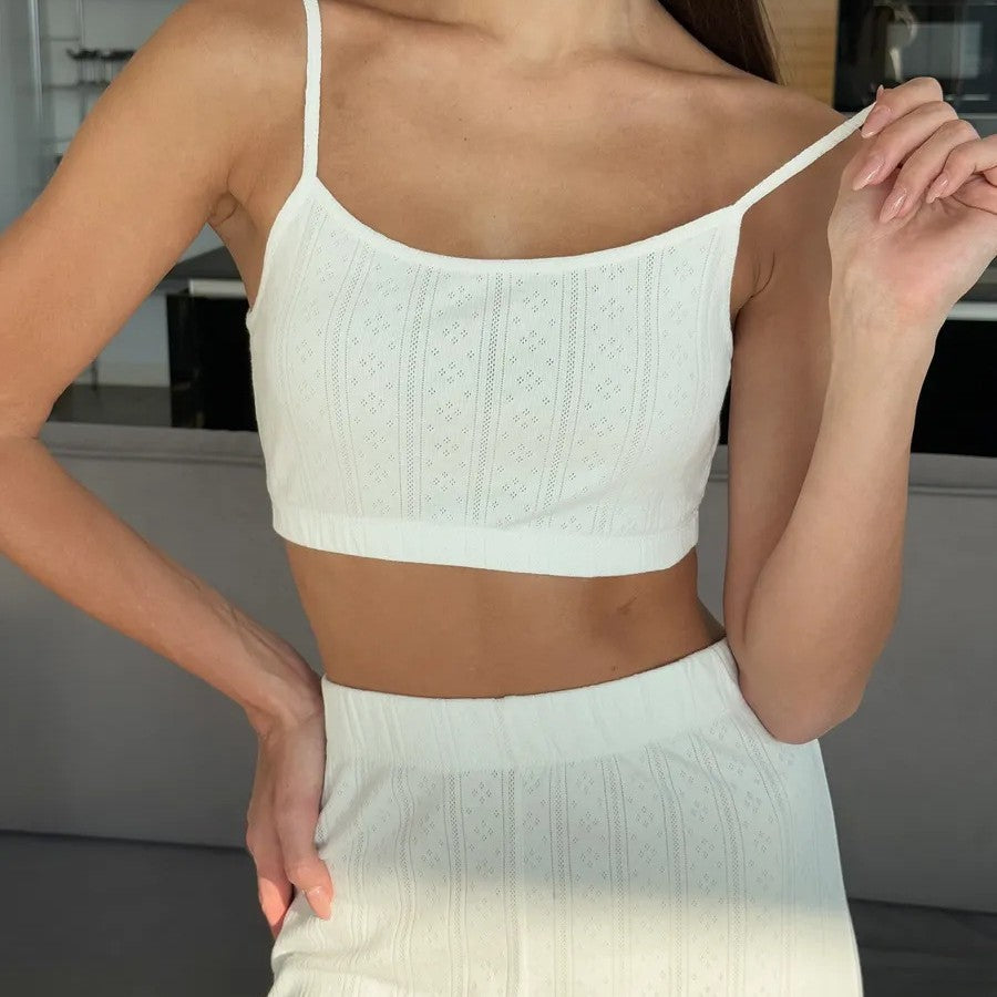 Cropped Knitted Cotton Jacquard Long-sleeved Trousers Cardigan Three-piece Set - kinko