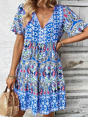 Printed Tie Neck Short Sleeve Dress - kinko