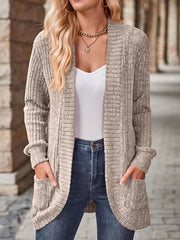 Ribbed Knit Open Front Cardigan with Pockets - kinko