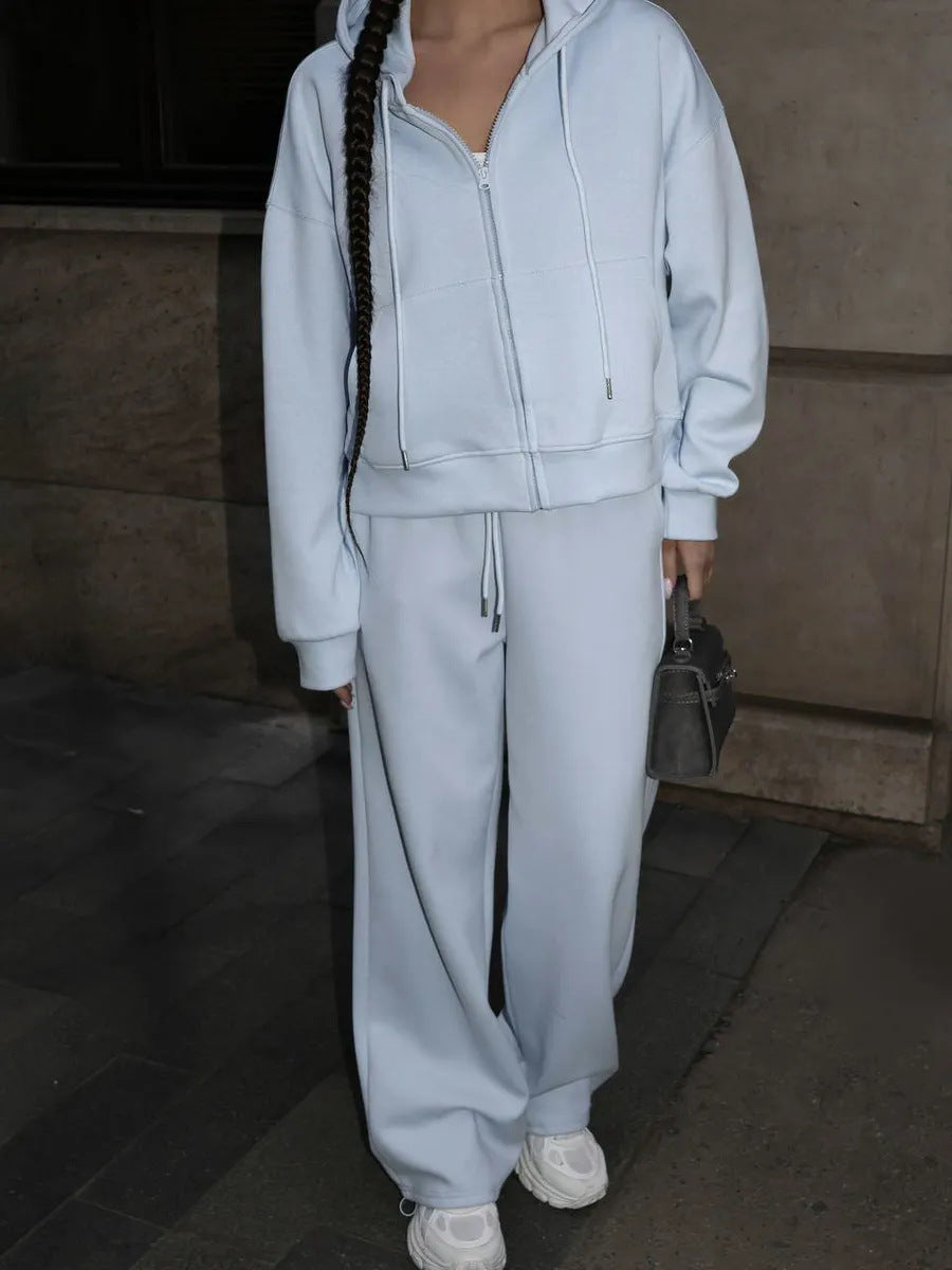 European And American Solid Color Long Sleeve Zipper Cardigan Hoodie Lace-up Trousers Two-piece Set - kinko