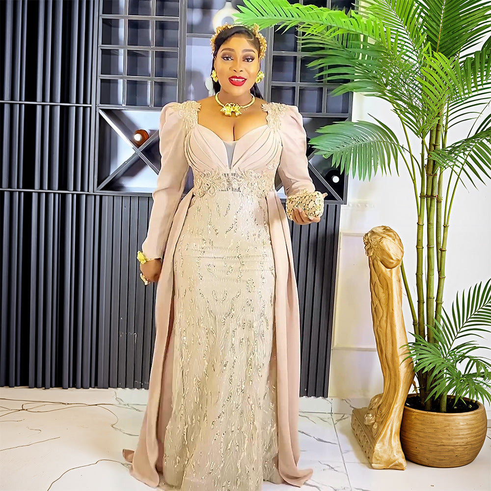 Plus Size Women's Dress V-neck Backless Sequined Evening Dress - kinko