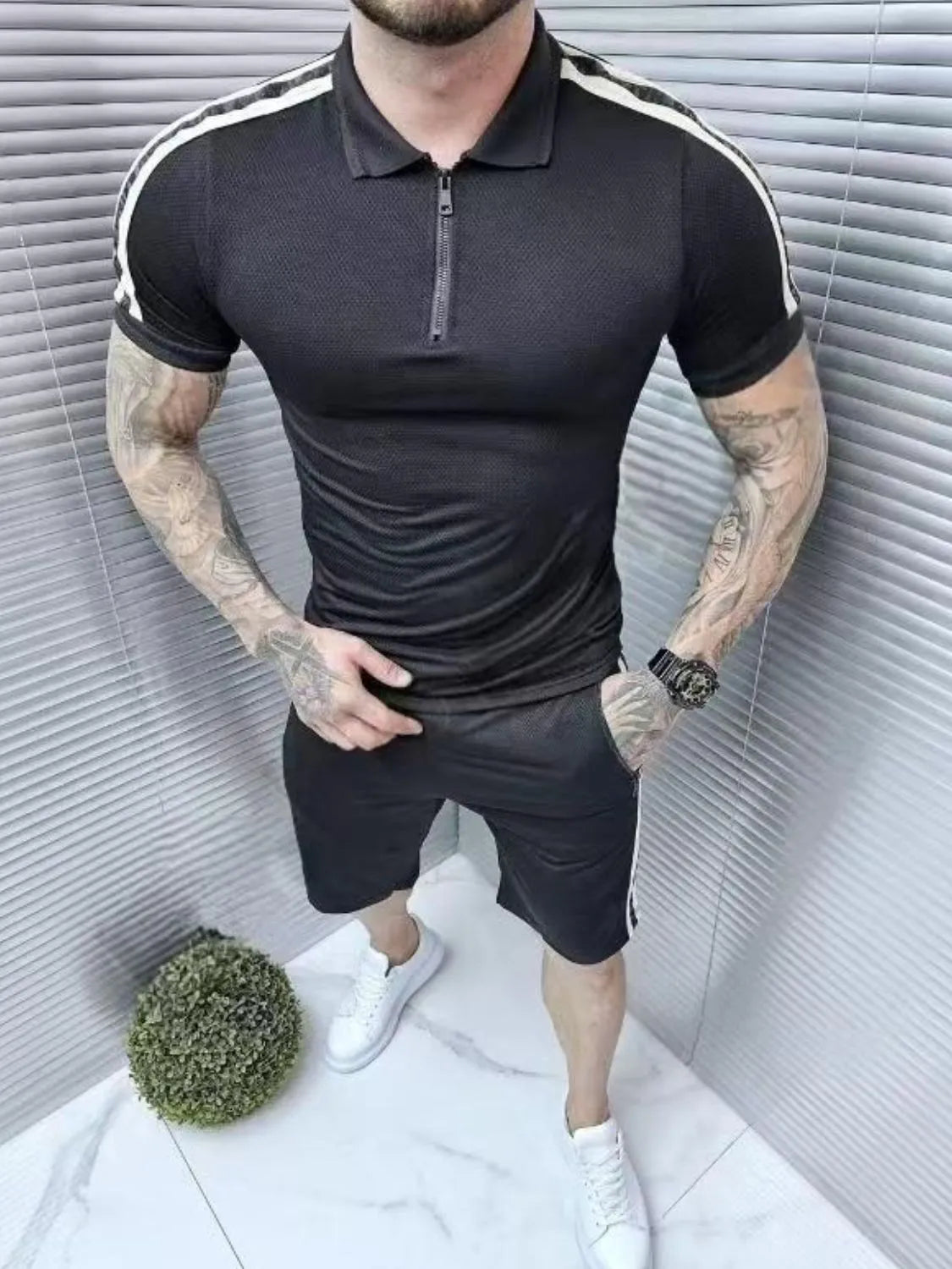 Men's Collared Neck Short Sleeve Top and Shorts Set - kinko