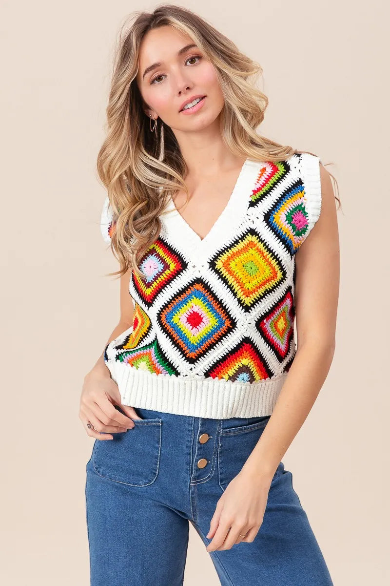 BiBi Diamond Granny Square Sweater Vest - kinko