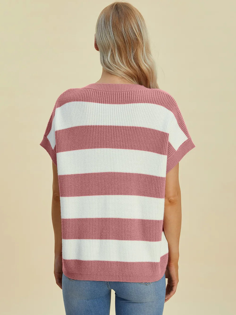 Double Take Full Size Striped V-Neck Short Sleeve Sweater - kinko