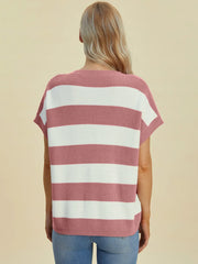 Double Take Full Size Striped V-Neck Short Sleeve Sweater - kinko