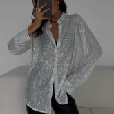 Elegant Women's Sequin Shirt - Stylish Long Sleeve Button-Up Blouse With Glitter Details, Perfect For Party & Casual To Formal Wear - kinko