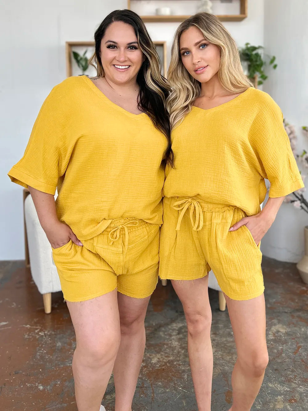 Double Take Texture Half Sleeve T-Shirt and Drawstring Shorts Set - kinko