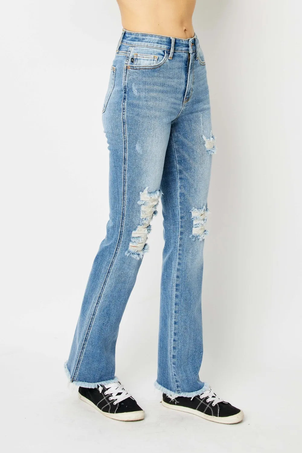 Judy Blue Full Size Distressed Raw Hem Bootcut Jeans - kinko