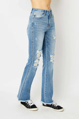 Judy Blue Full Size Distressed Raw Hem Bootcut Jeans - kinko