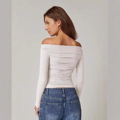 European And American Women's Clothing Top Off-shoulder Long Sleeve T-shirt - kinko