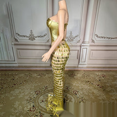 Golden Bright Surface Bandage Design Tight Waist Slimming Mermaid Day Formal Dress - kinko