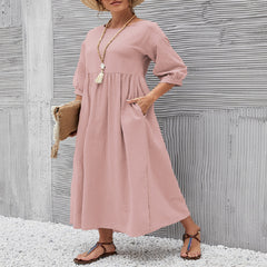 Summer Short-sleeved Dress With Pockets Fashion Solid Round Neck A-line Dresses For Women Clothing - kinko