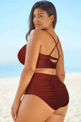 Full Size Halter Neck Crisscross Ruched Two-Piece Swimsuit - kinko