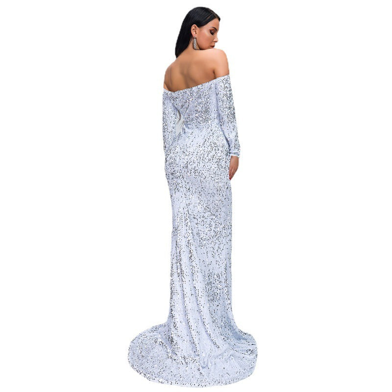 Sexy Strapless Long Sleeve Sequins Party Evening Dress - kinko