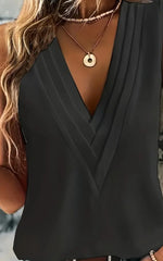 Ruched V Neck Blouse, Casual Sleeveless Solid Versatile Blouse, Women's Clothing - kinko
