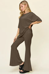 Double Take Full Size Round Neck Drop Shoulder T-Shirt and Flare Pants Set - kinko