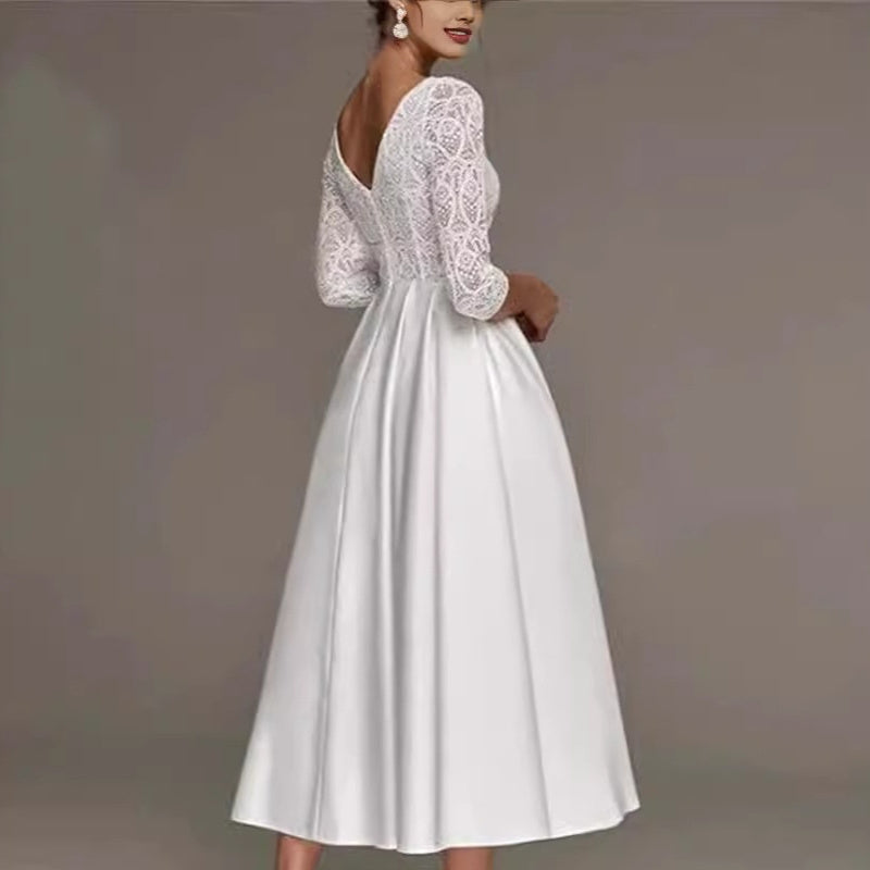 Bridal Deep V-neck Slim Lace Mid-length Long Sleeve Wedding Dress - kinko