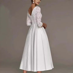 Bridal Deep V-neck Slim Lace Mid-length Long Sleeve Wedding Dress - kinko