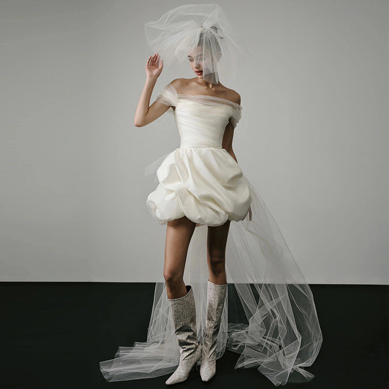 Off-shoulder Light Wedding Dress White Short - kinko