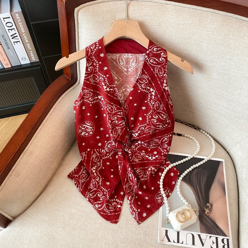 Red Sleeveless Floral Twist Sweet Spicy Waistcoat Top - kinko