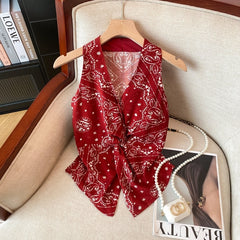 Red Sleeveless Floral Twist Sweet Spicy Waistcoat Top - kinko