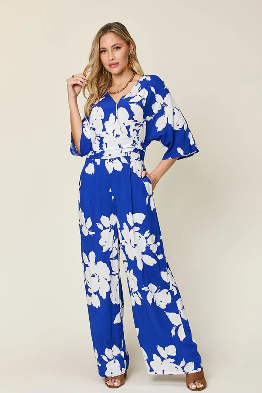 Double Take Full Size Printed Tie Back Wide Leg Jumpsuit - kinko