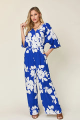 Double Take Full Size Printed Tie Back Wide Leg Jumpsuit - kinko