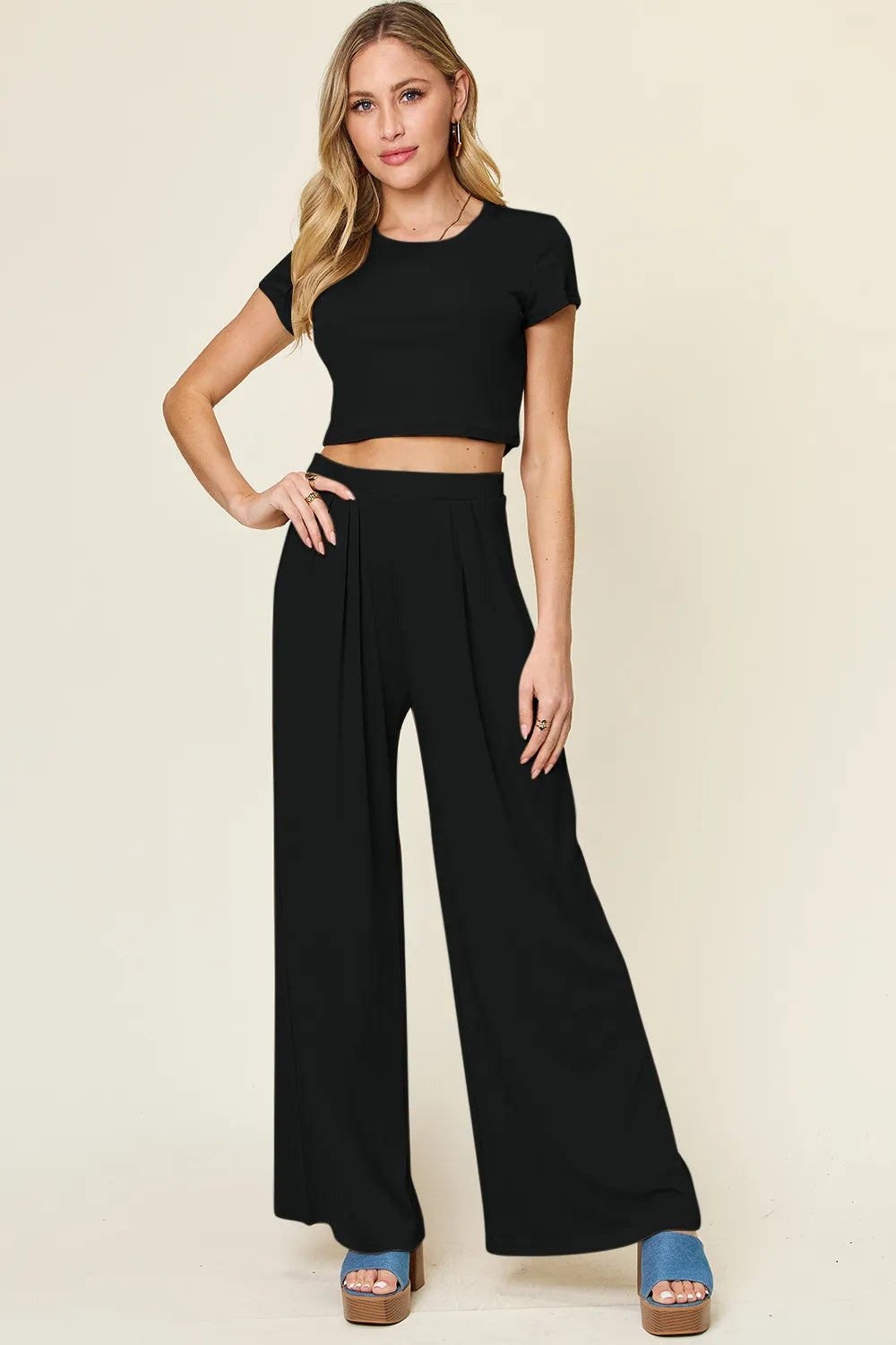 Double Take Full Size Round Neck Top and Pants Set - kinko