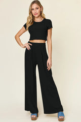 Double Take Full Size Round Neck Top and Pants Set - kinko