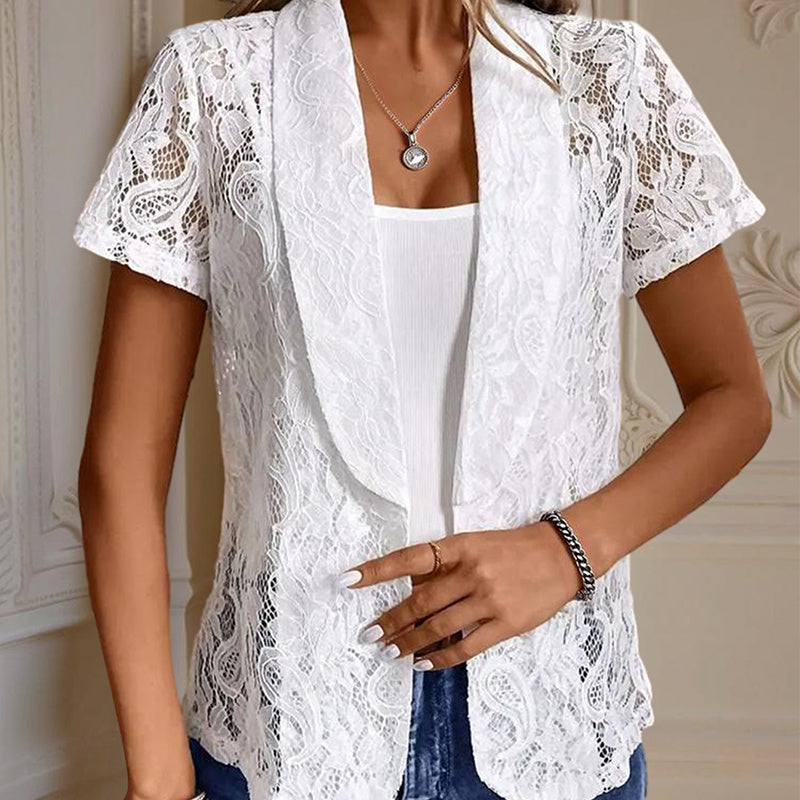 Elegant Solid Color Women's Lace Cardigan - Stylish Breathable Slim-Fit Spring&Summer Blouse With Floral Lace Detail - kinko