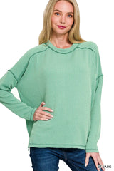 Zenana Exposed Seam Long Sleeve Corded Rib Knit Top - kinko