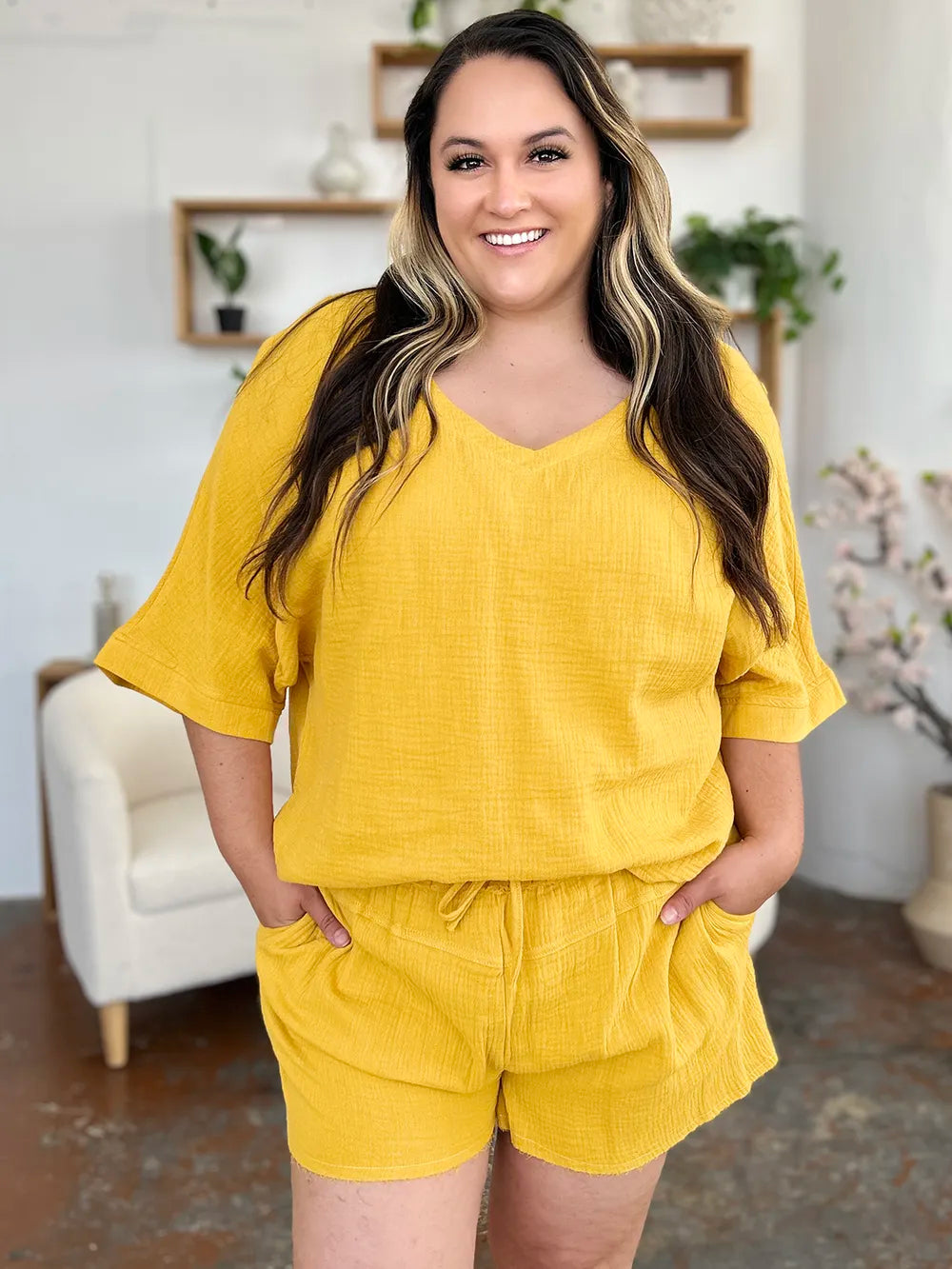 Double Take Texture Half Sleeve T-Shirt and Drawstring Shorts Set - kinko