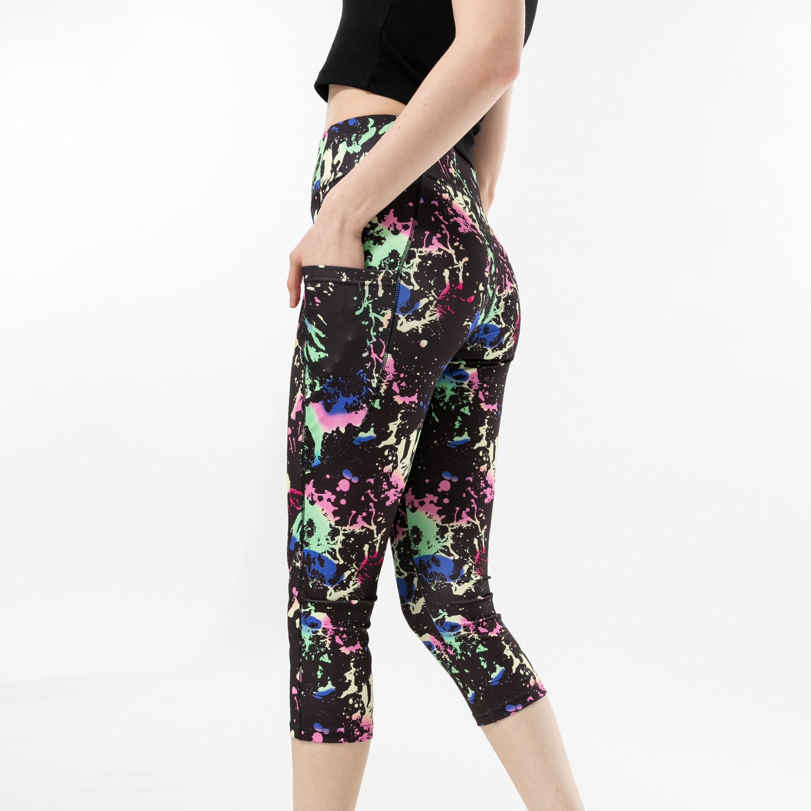 Three-color Water Drop Print Yoga Pants Pocket Cropped Leggings - kinko