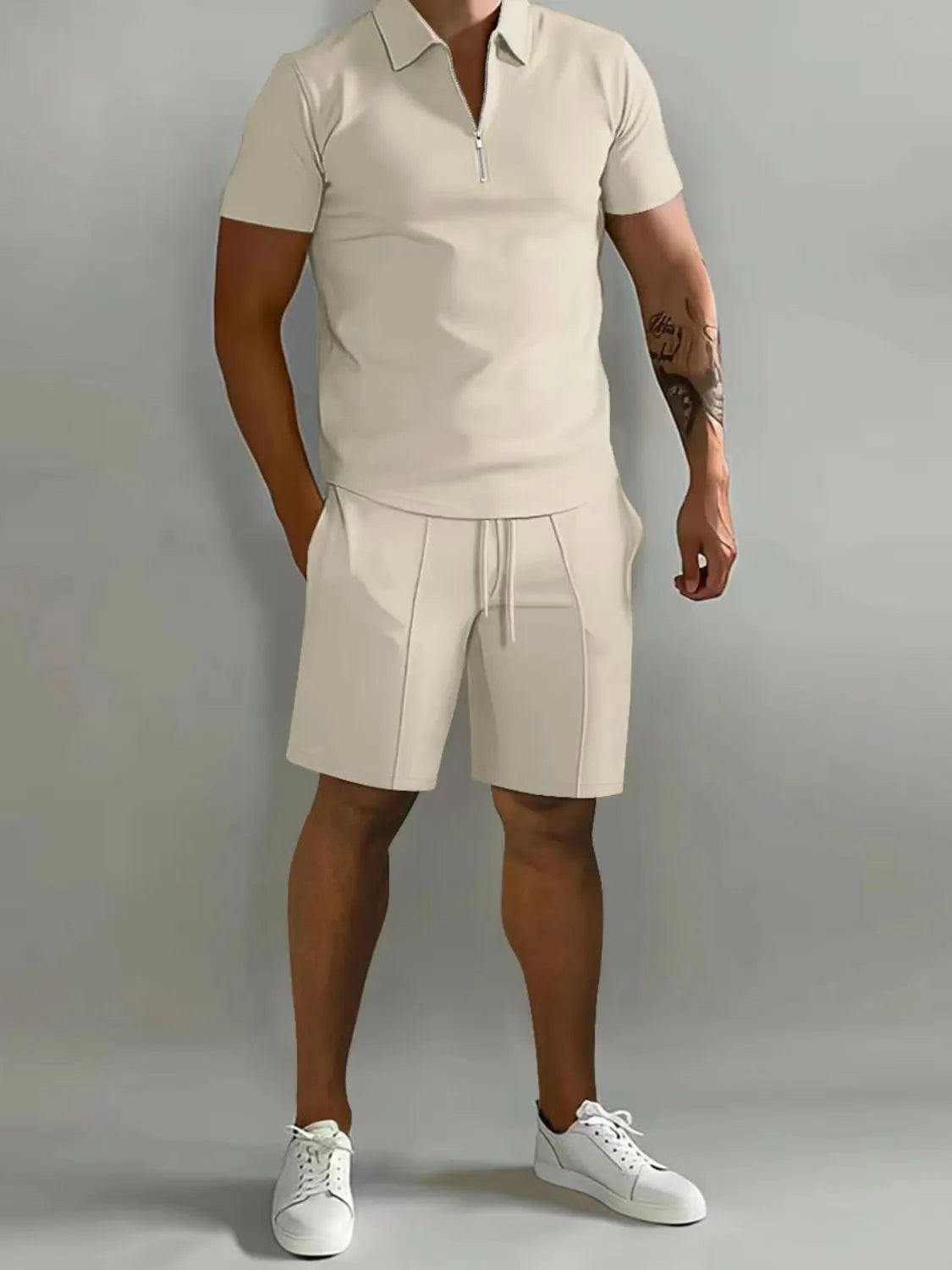 Men's Full Size Collared Neck Short Sleeve Top and Shorts Set Plus Size - kinko