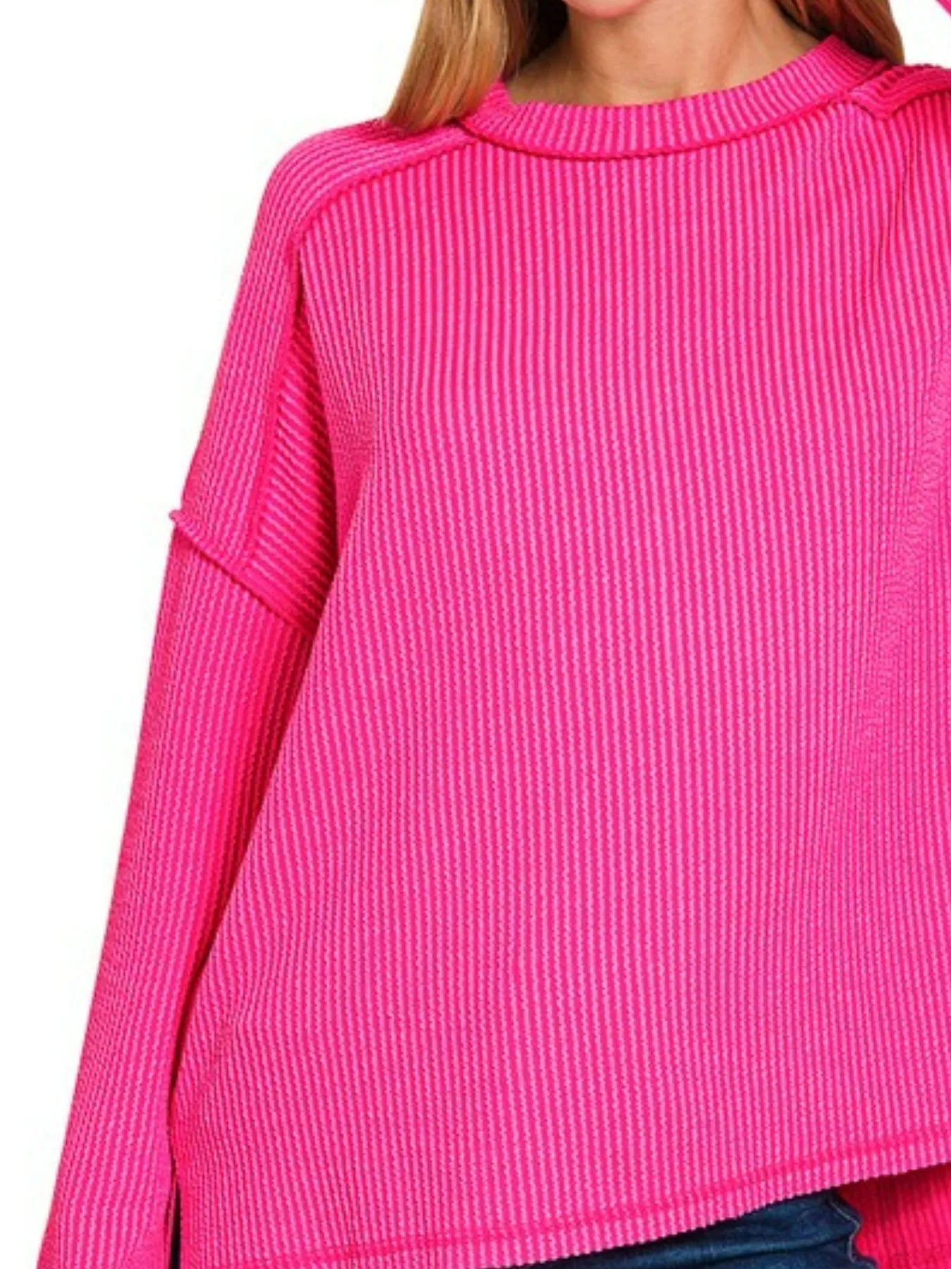 Zenana Exposed Seam Long Sleeve Corded Rib Knit Top - kinko