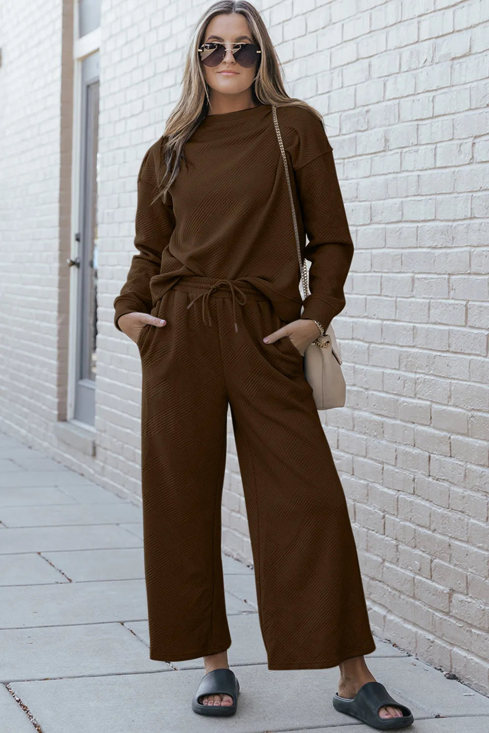 Double Take Full Size Textured Long Sleeve Top and Drawstring Pants Set - kinko
