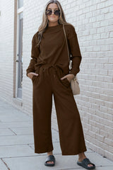 Double Take Full Size Textured Long Sleeve Top and Drawstring Pants Set - kinko