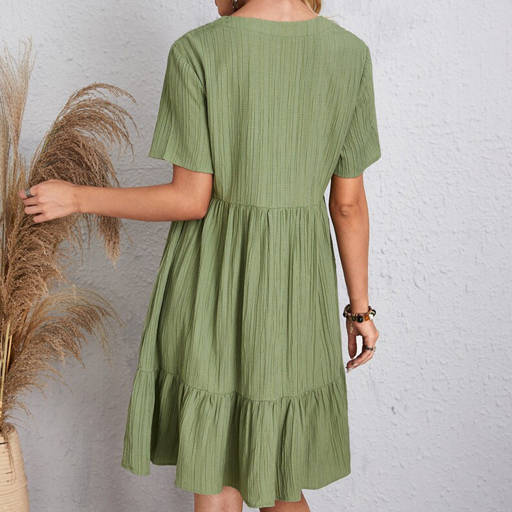 V-neck Short Sleeve Dress Summer Fashion Casual Loose Ruffled Dresses Beach Clothing Women - kinko
