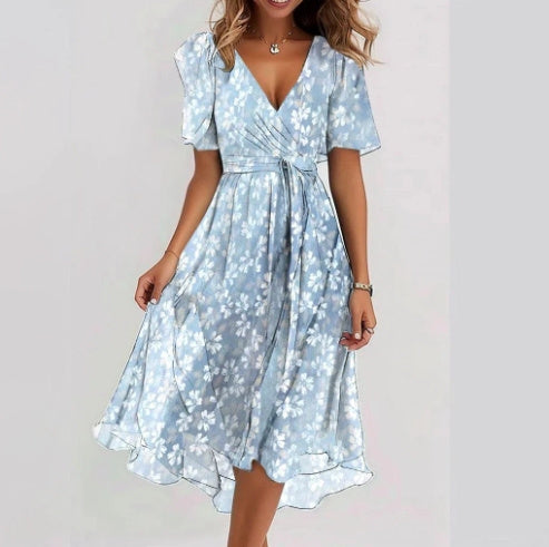 Chiffon Printed Short Sleeve Dress Summer Elegant V-neck Dresses Womens Clothing - kinko