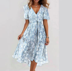 Chiffon Printed Short Sleeve Dress Summer Elegant V-neck Dresses Womens Clothing - kinko