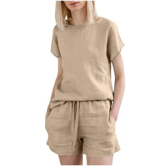 Short Sleeve Cotton Linen Retro Fashion Solid Color Top Shorts Suit - kinko