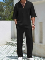 Men's Johnny Collar Half Sleeve Top and Pants Set - kinko