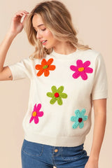 BiBi Crochet Flower Patch Sweater Top - kinko