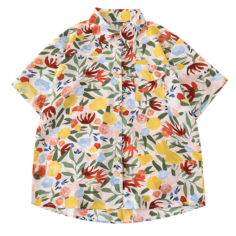 Women's Design Retro Hong Kong Style Printed Short-sleeved Shirt - kinko