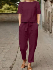 Full Size Round Neck Short Sleeve Top and Pants Set Plus Size - kinko