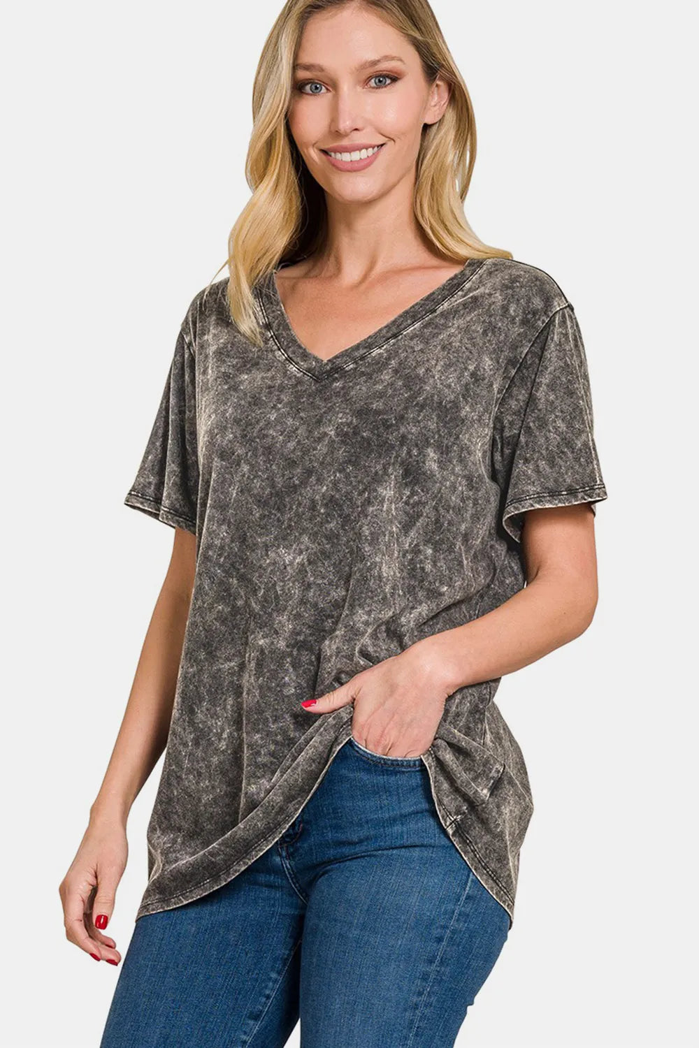 Zenana Full Size Washed Short Sleeve V-Neck T-Shirt - kinko