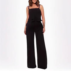 Sling Pure Color Ruffles Top Straight-leg Pants Fashion Suit - kinko